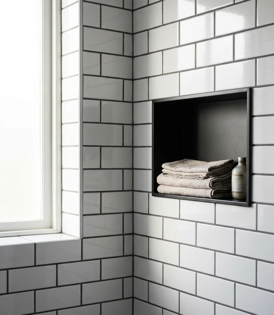 Subway Tile Shower with Dark Grout 2