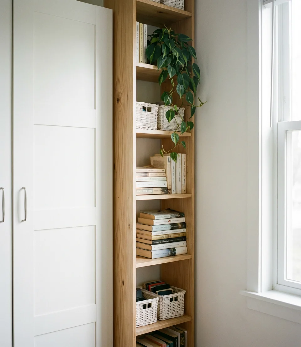 Tall Narrow Bookcase Tower for Slim Wall Gaps 1