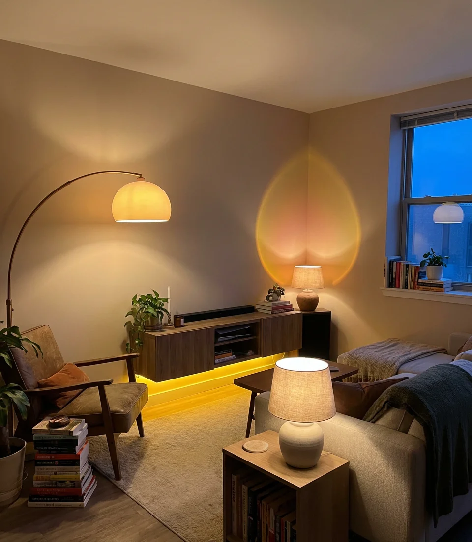 Tiny Living Room with Layered Lighting Design 1