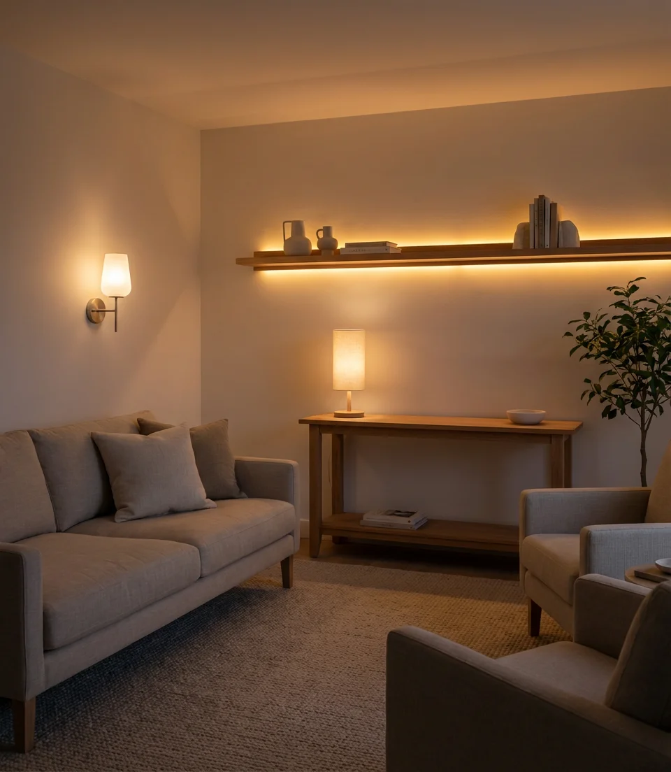Tiny Living Room with Layered Lighting Design 2