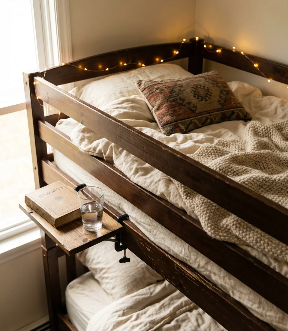 Top Bunk Styling with String Lights and Shelves 1