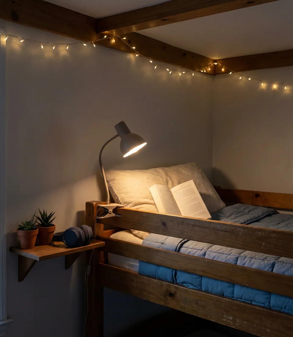 Top Bunk Styling with String Lights and Shelves 2