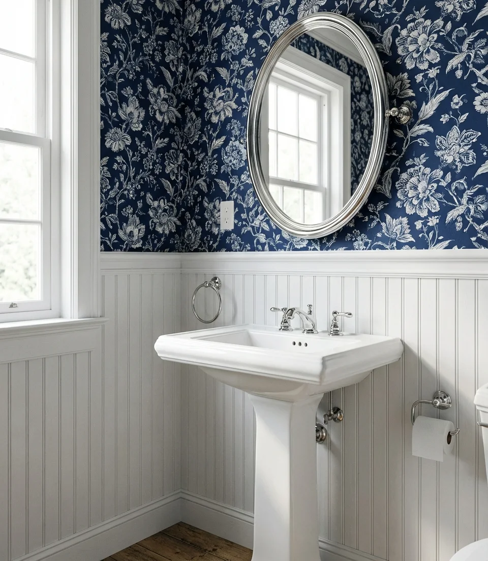 Traditional Wainscoting with Patterned Wallpaper Above 1