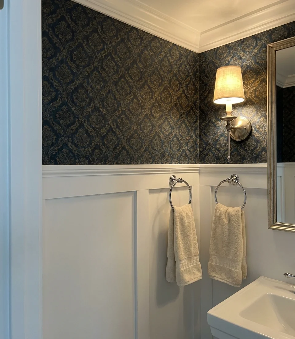 Traditional Wainscoting with Patterned-Wallpaper Above 2