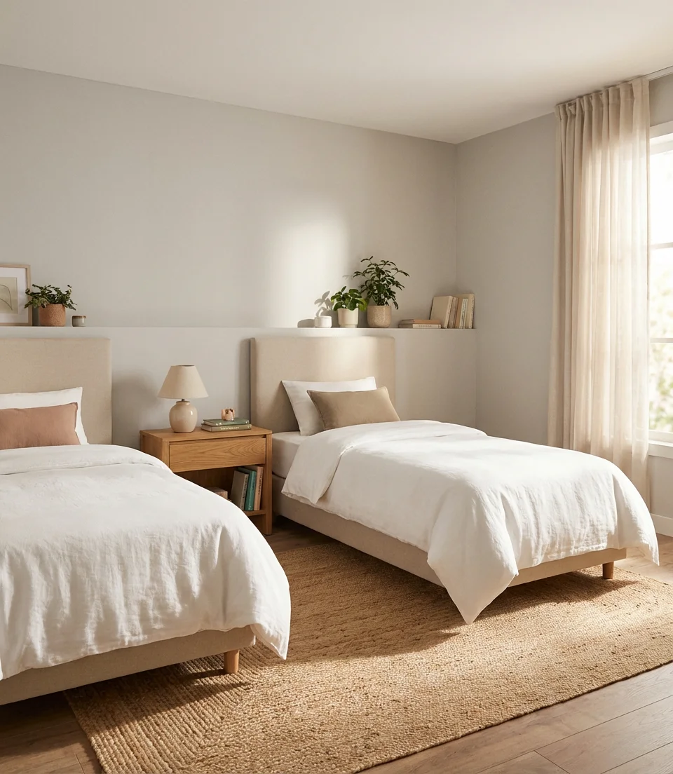 Two Twin Beds Side by Side With a Shared Nightstand 1