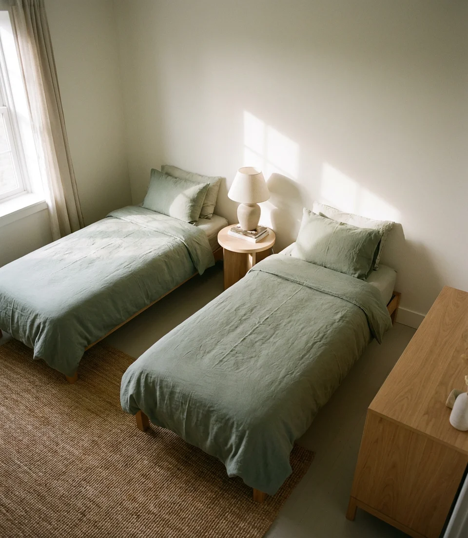 Two Twin Beds Side by Side With a Shared Nightstand 2