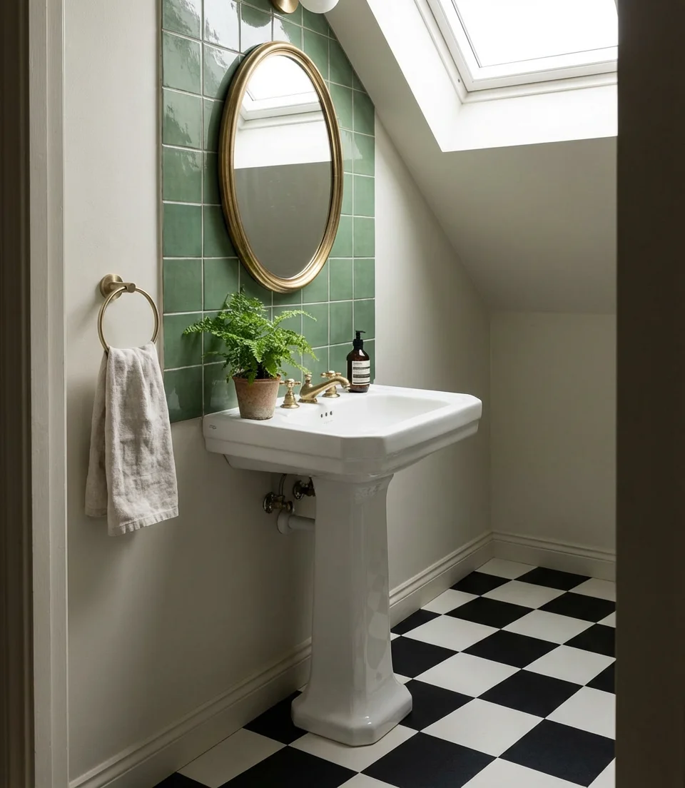 Vintage Bathroom with Checkered Floor and Brass Fixtures 1