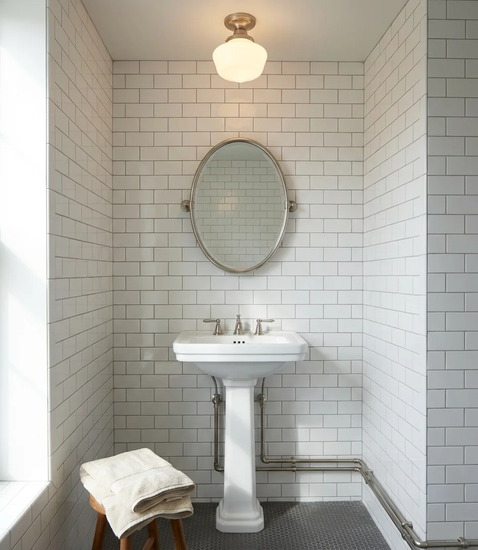 Vintage Pedestal Sink with Subway Tile 1