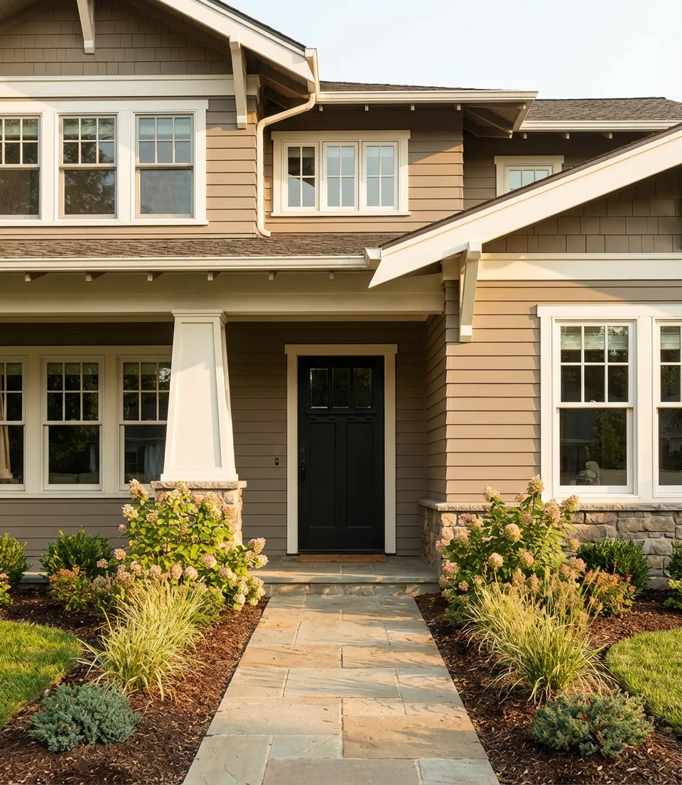 Warm Taupe With White Trim and Black Doors 1