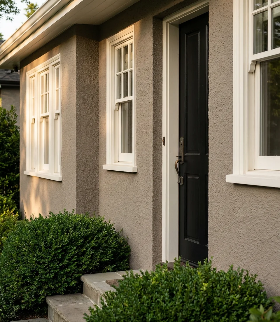 Warm Taupe With White Trim and Black Doors 2