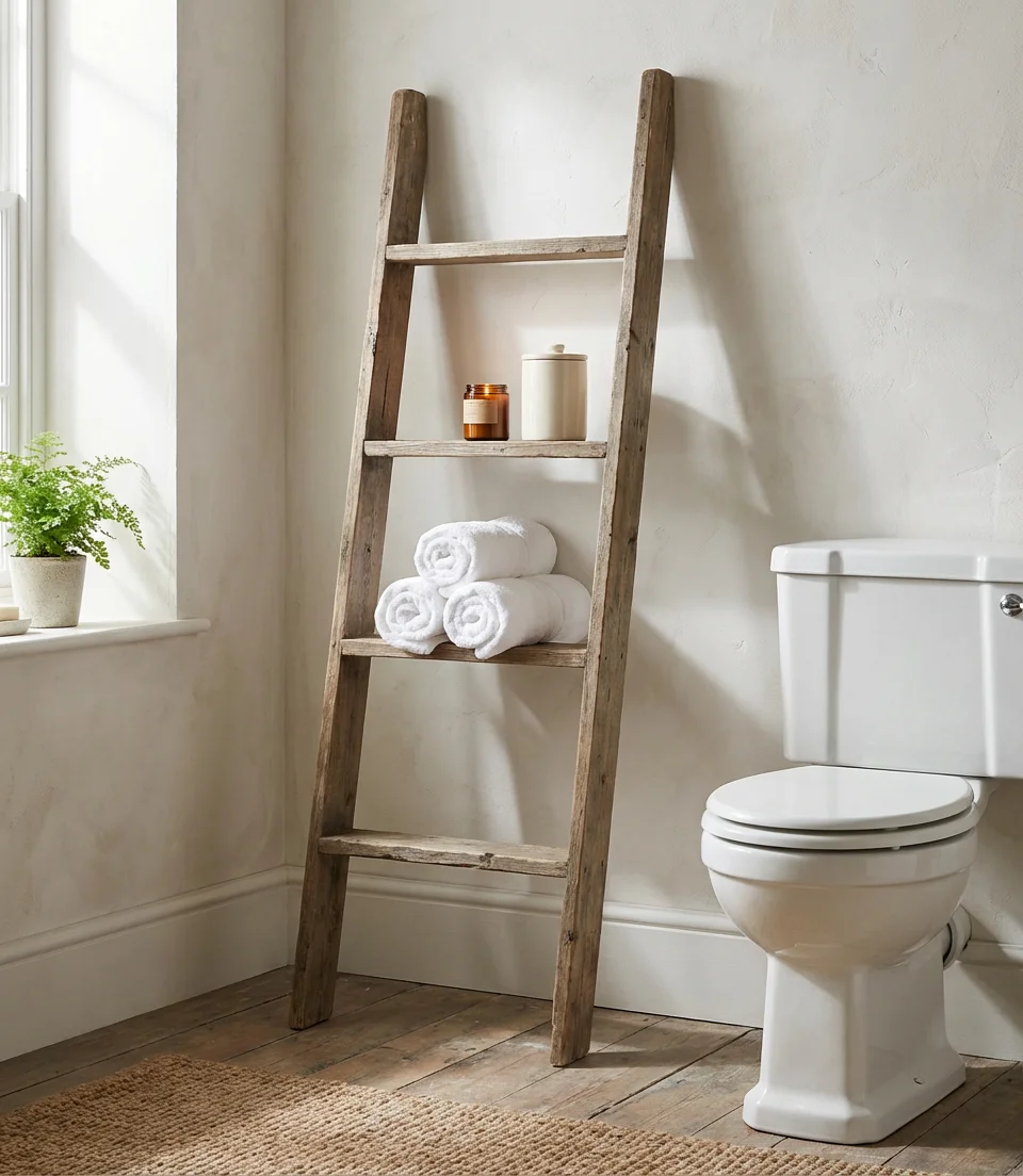 Warm Wood Open Shelving Above the Toilet 2