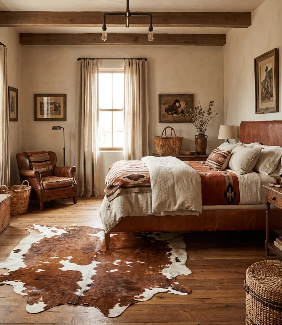 Western Farmhouse Bedroom With Leather and Fringe 1