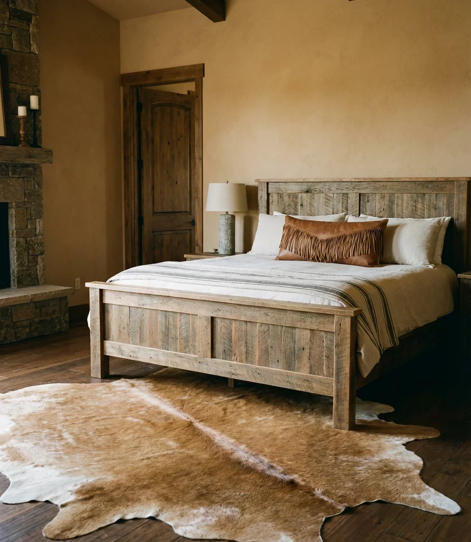 Western Farmhouse Bedroom With Leather and Fringe 2