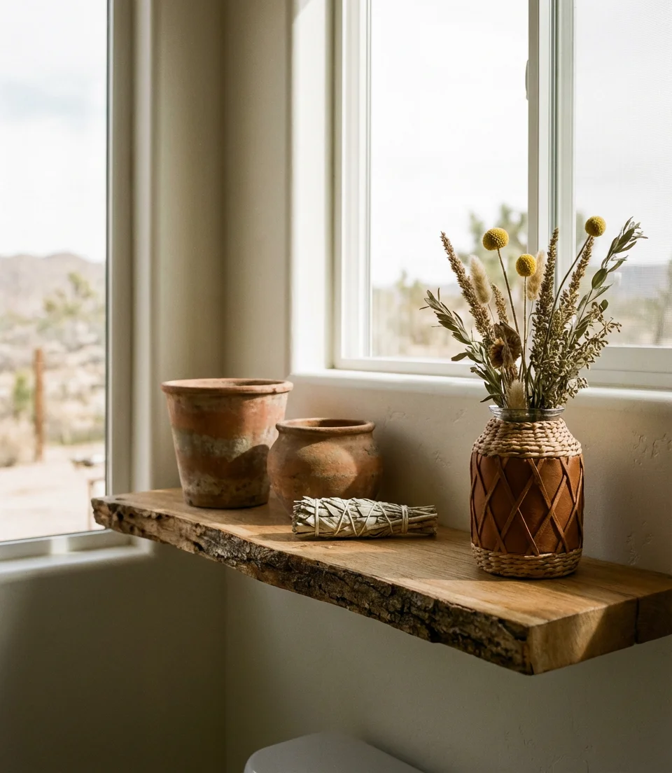 Western Inspired Shelf Decor with Earthy Warmth 1