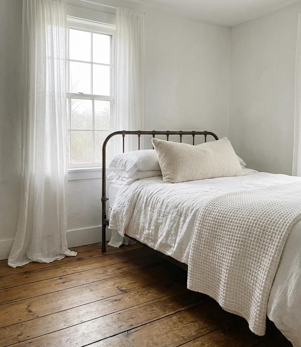 White Cottage Farmhouse Bedroom With Soft Textures 1