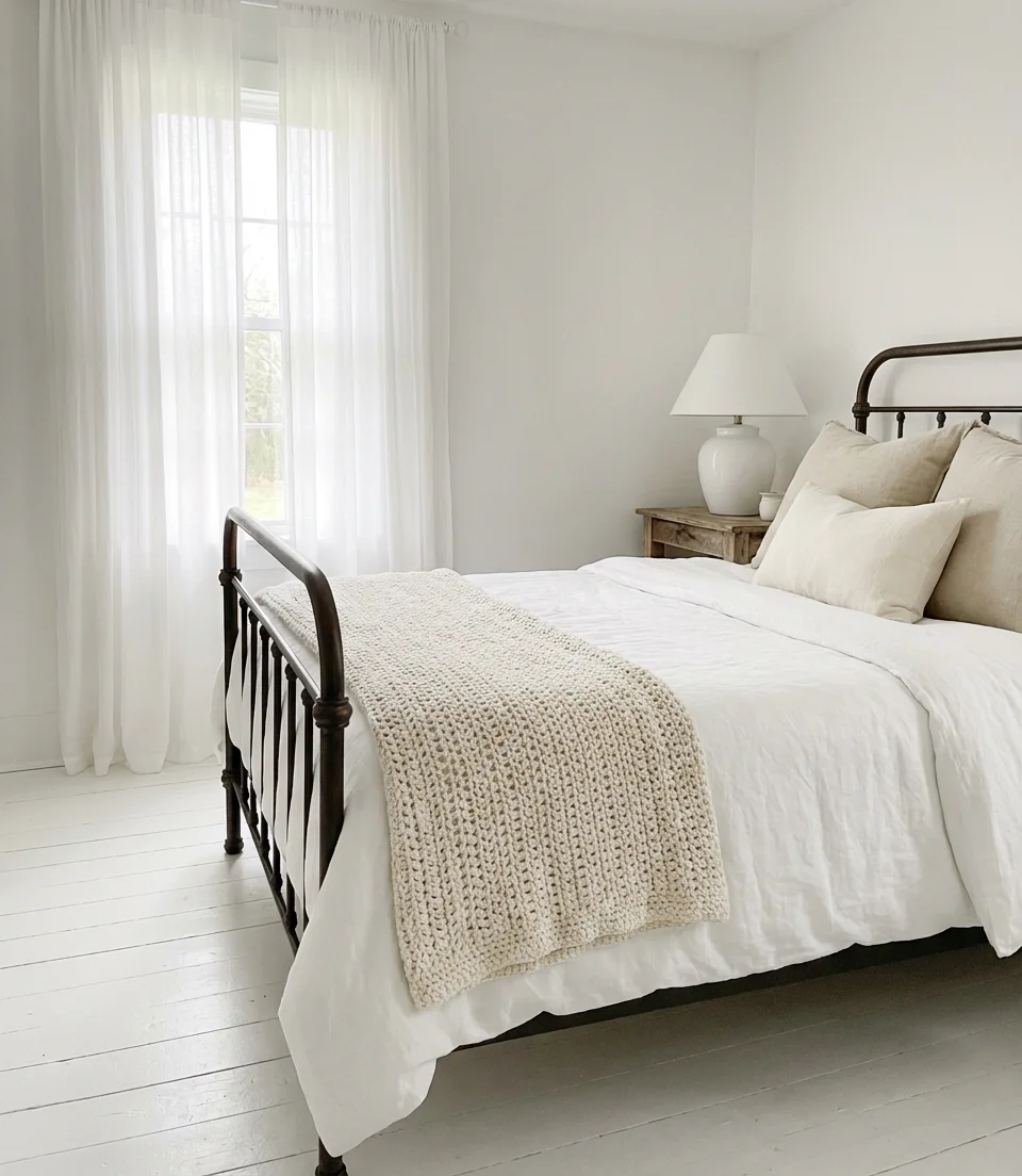 White Cottage Farmhouse Bedroom With Soft Textures 2