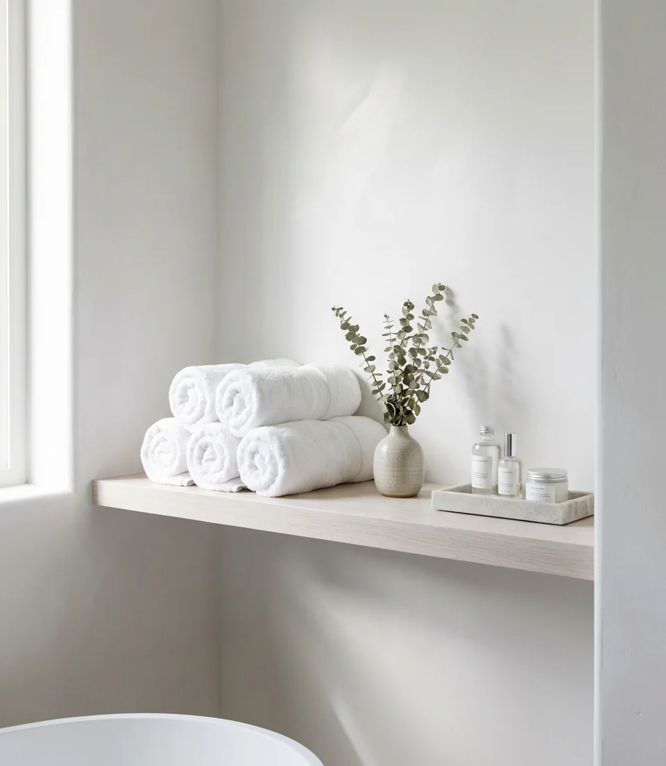 White Spa-Inspired Shelf Decor for a Serene Bathroom 1