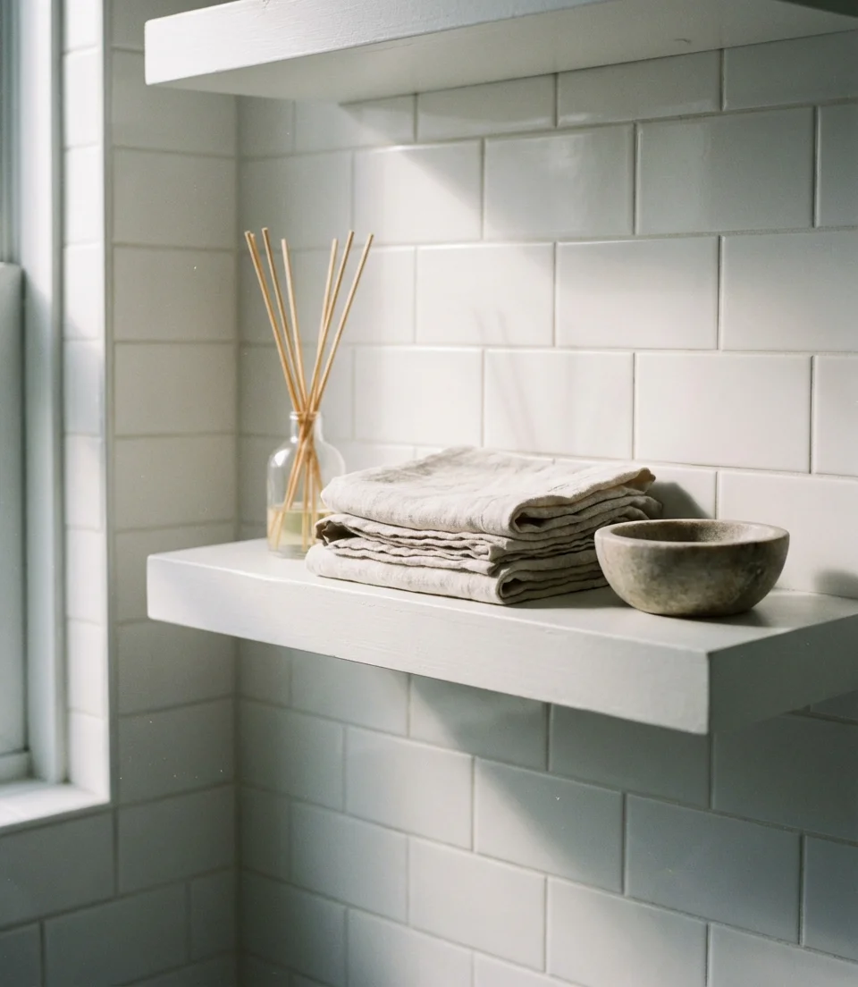 White Spa-Inspired Shelf Decor for a Serene Bathroom 2