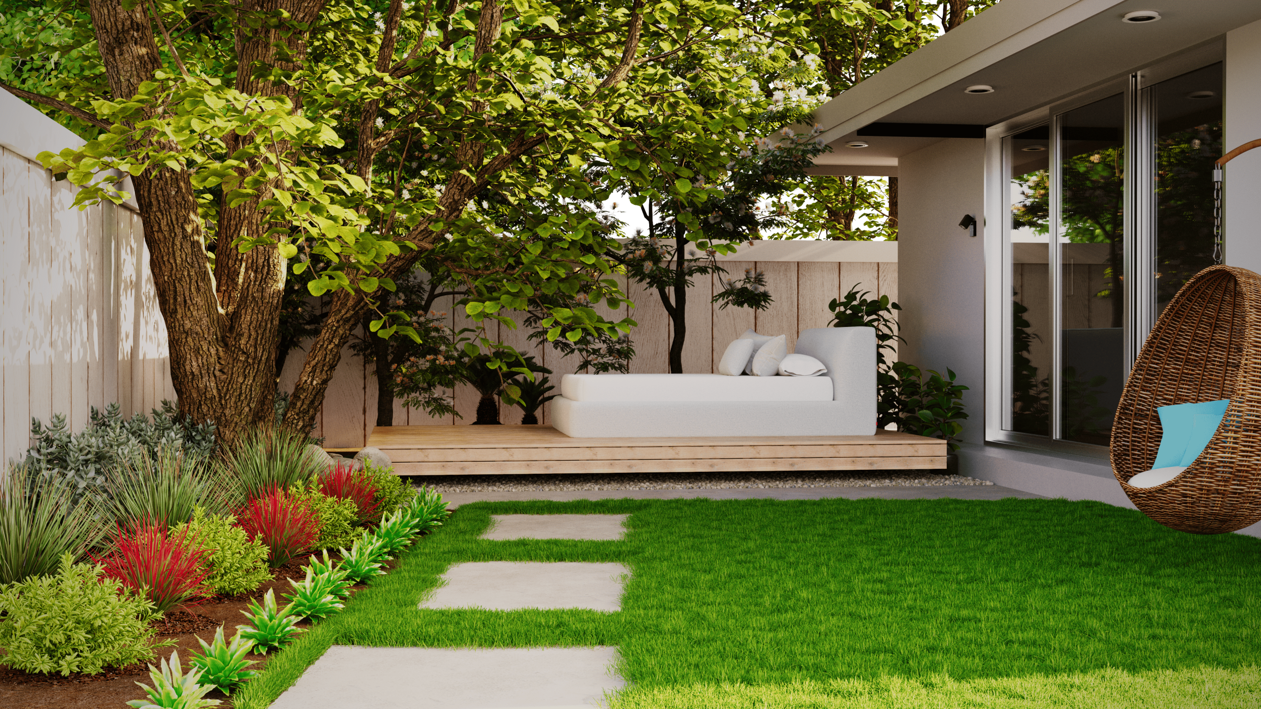 A serene outdoor patio with lush garden, wooden decking, and hammock seating.