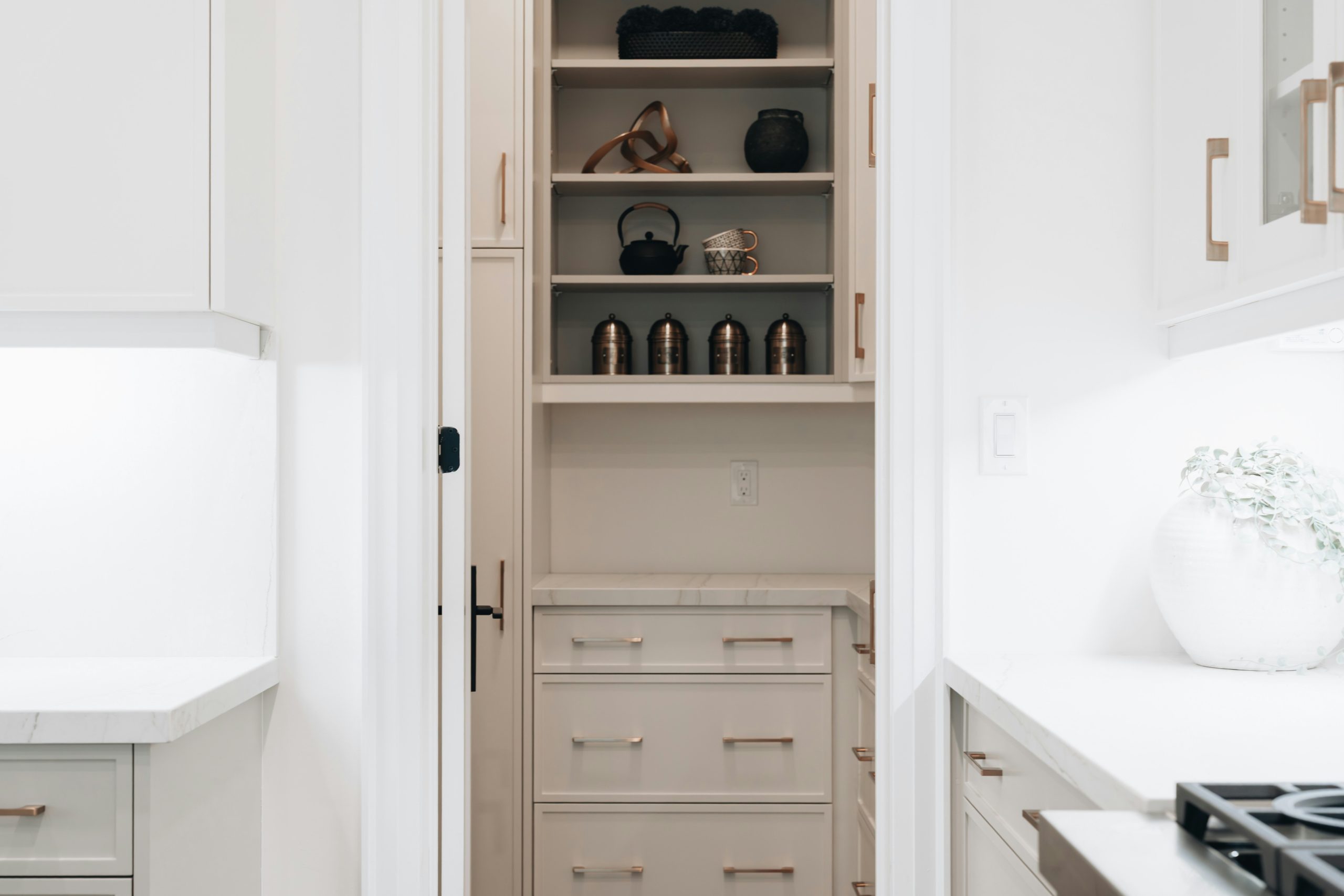 Modern pantry with open shelving and drawers