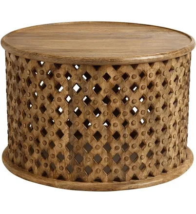 Round Tribal Carved Wood Coffee Table...