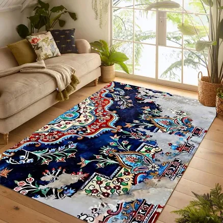 Distressed Red and Navy Oriental Rug:...