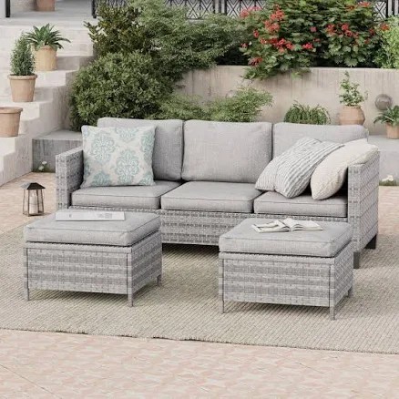 Sonkuki 3-Piece Grey Rattan Patio Sof...