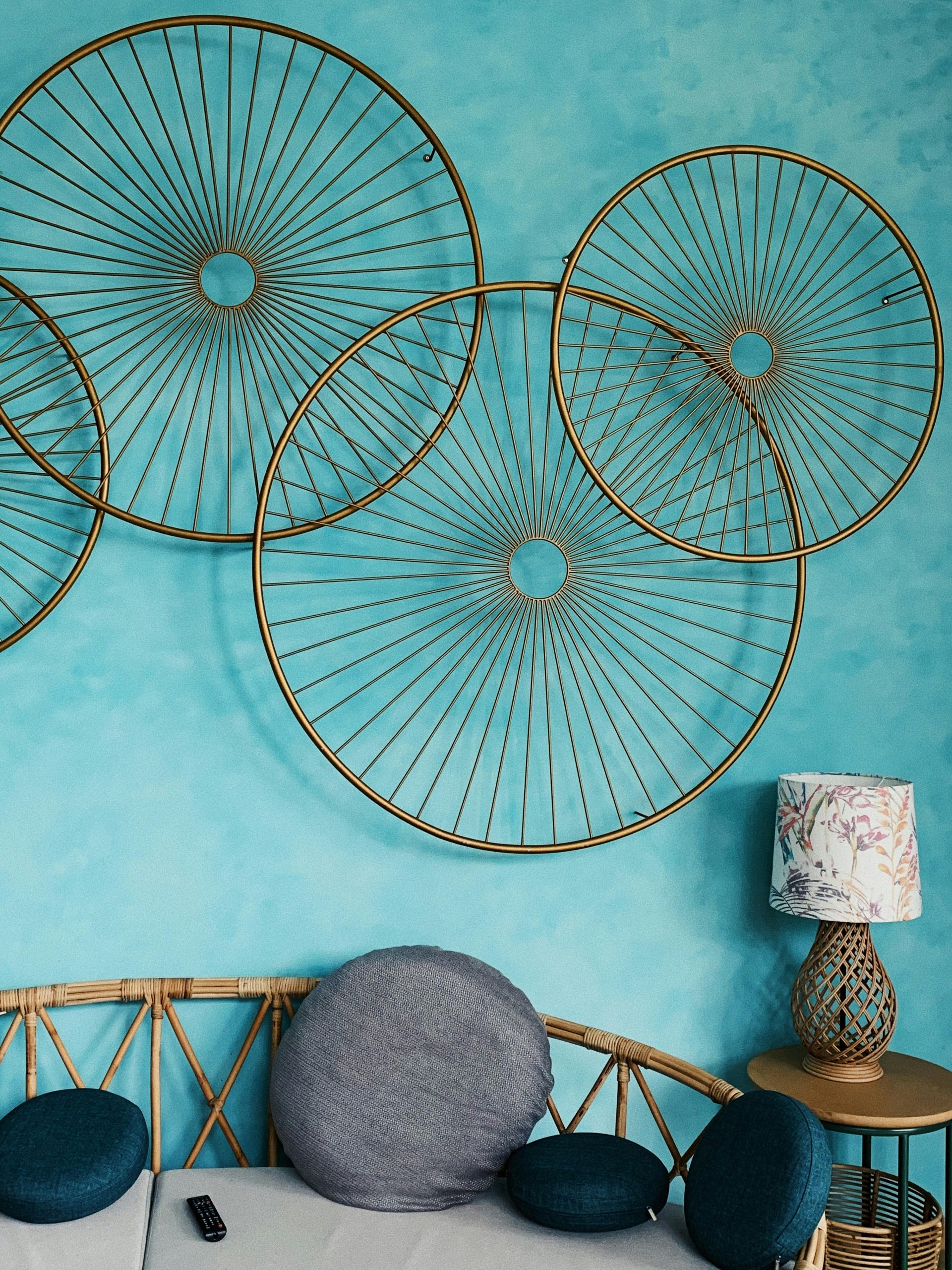 Sophisticated living space with artistic wall decor and cozy seating area.