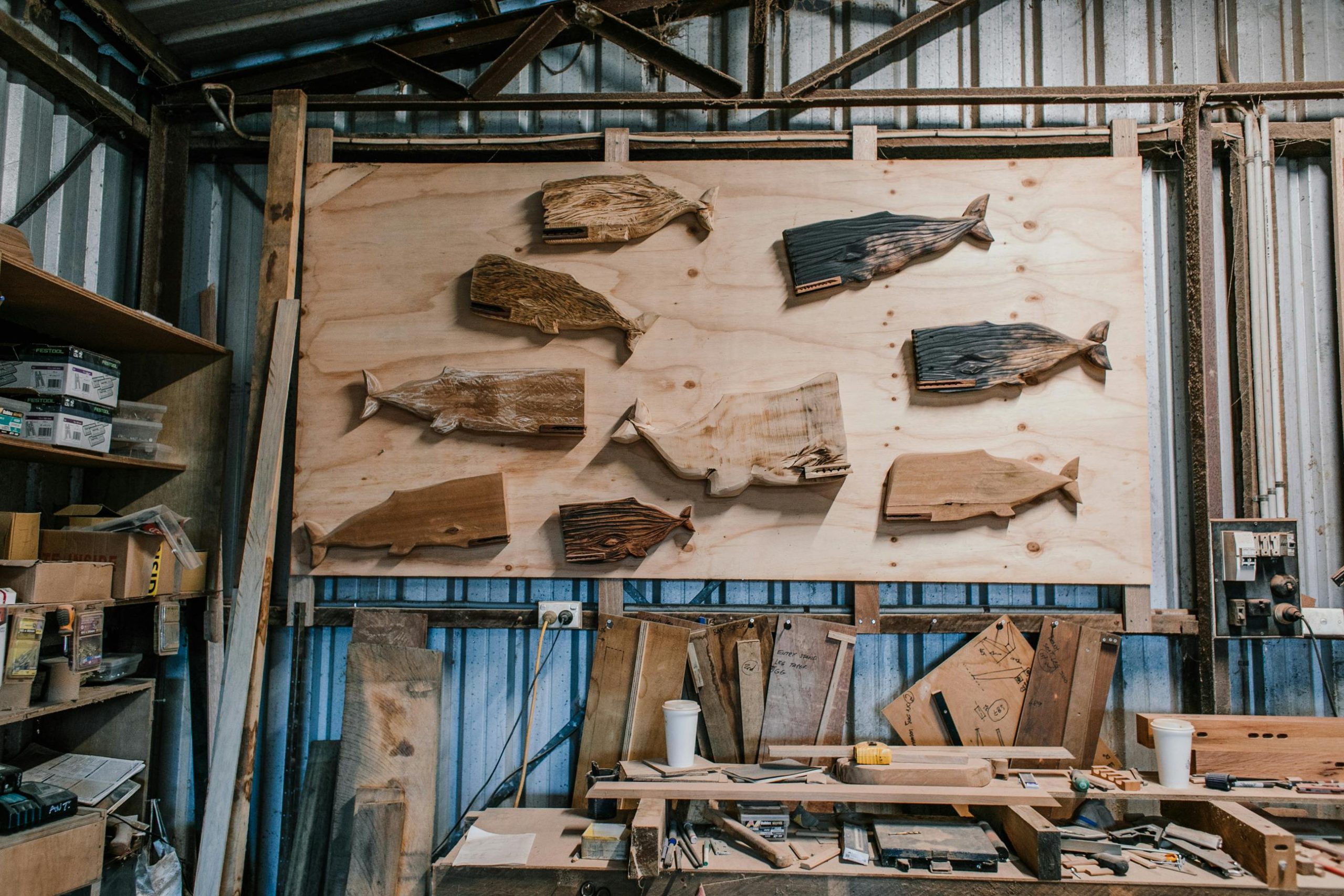 Whale shaped wooden blanks on board in professional carpentry studio with various special instruments and wooden planks near workbench with tools