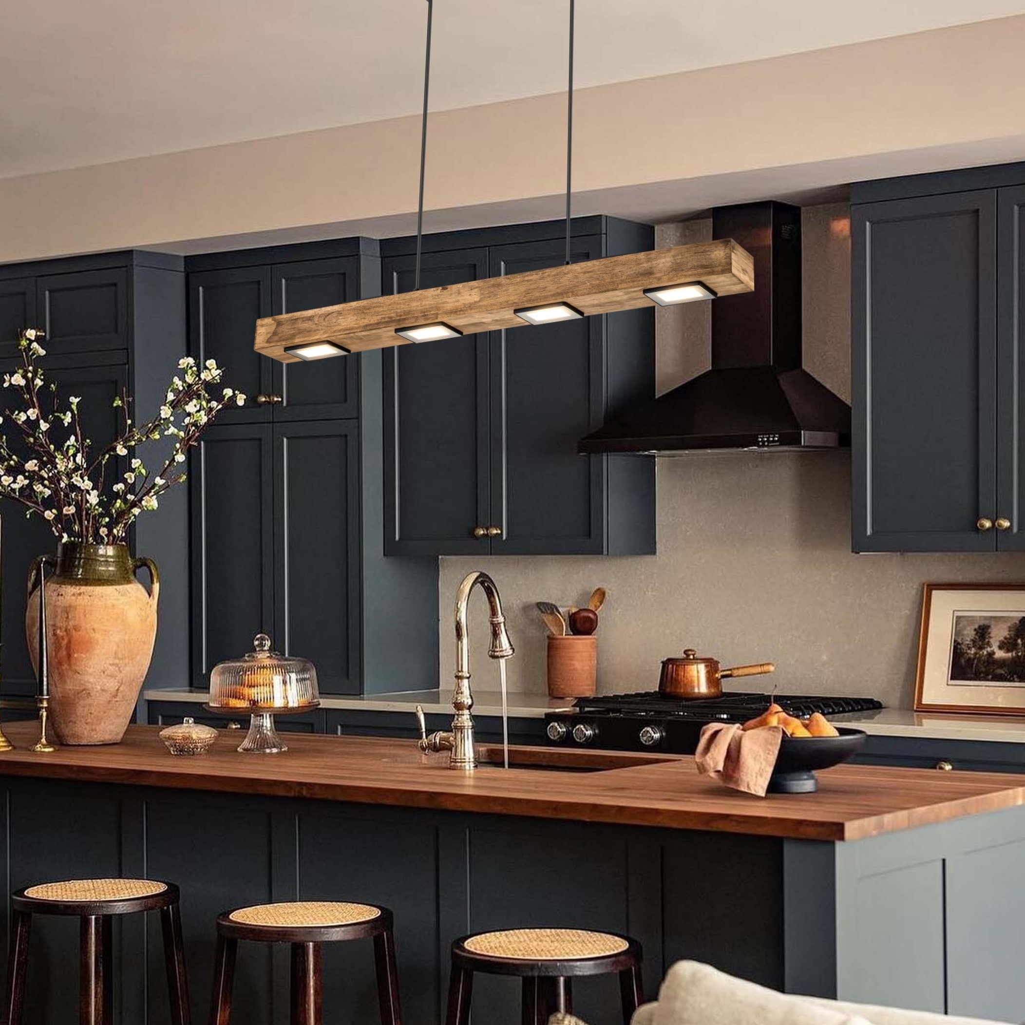 6-Light Modern Farmhouse Brown Wood Linear Integrated LED Island Pendant for Kitchen Dining Room - 31.4 in. L - Bed Bath & Beyond - 38403395