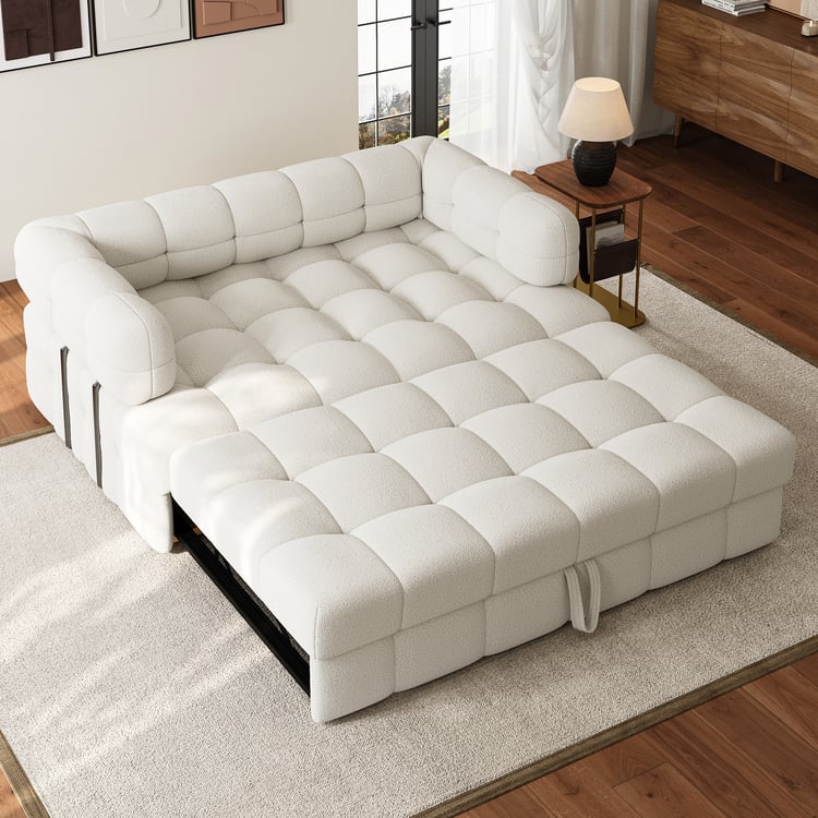 66'' Boucle Convertible Pull Out Sofa Bed Couch 2 Seater White Queen Sleeper Couch with Storage