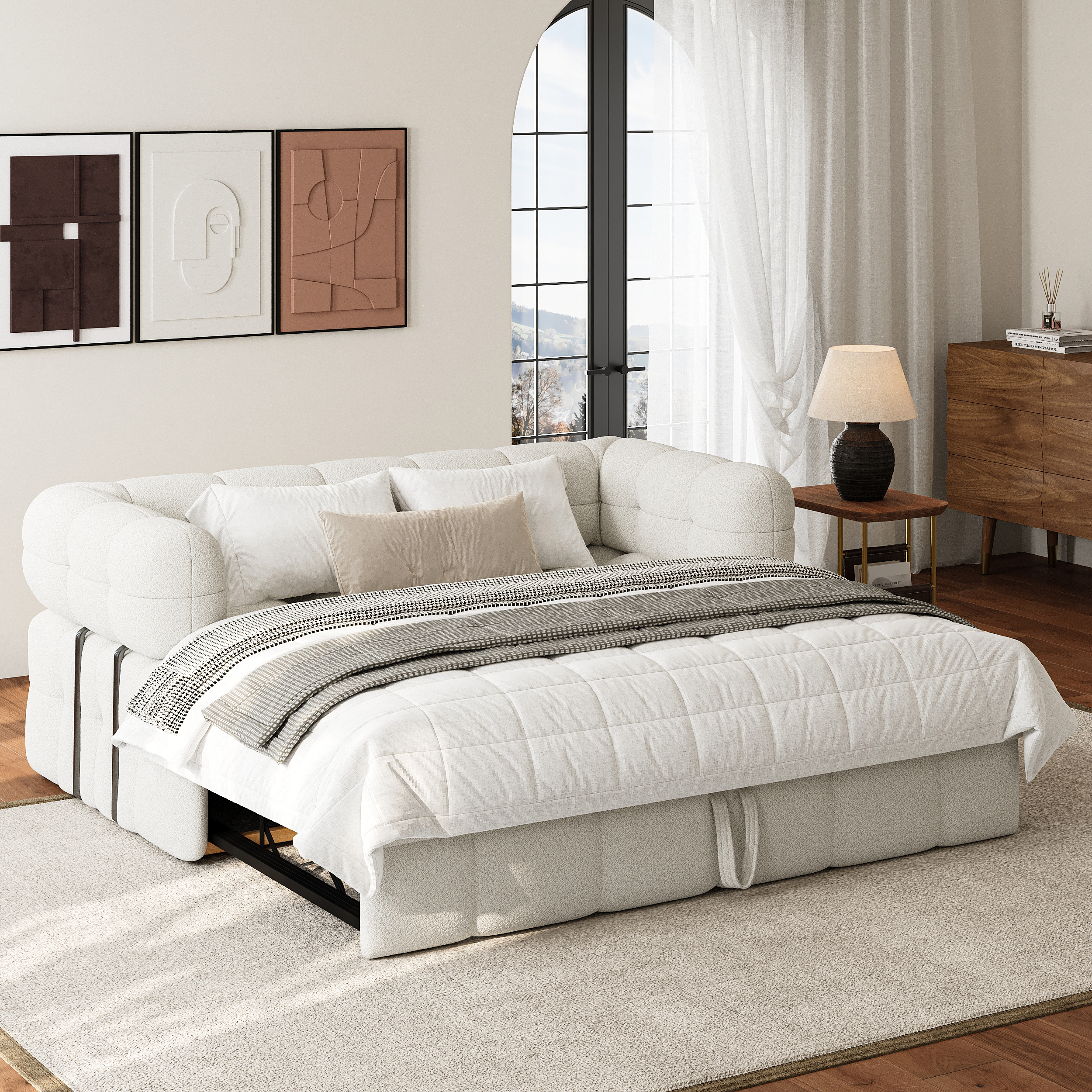 66'' Boucle Convertible Pull Out Sofa Bed Couch 2 Seater White Queen Sleeper Couch with Storage