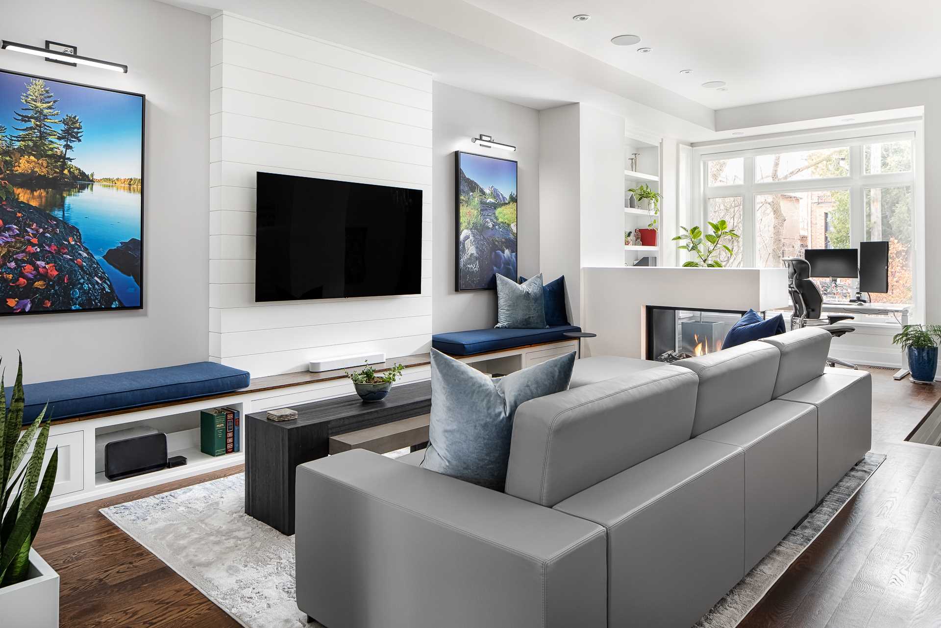 A Fireplace Divides This Long Living Room Creating A Separate Home Office Area