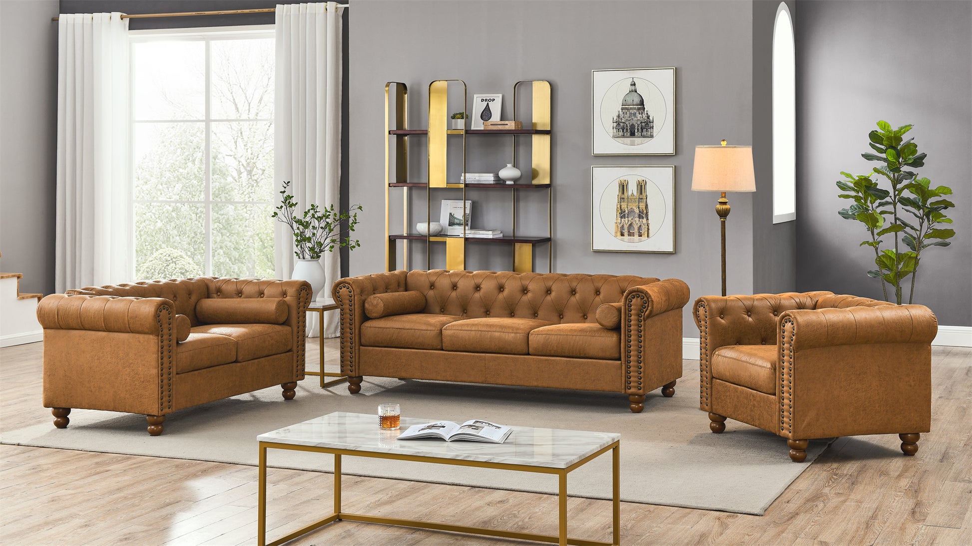 Classic Traditional Living Room Upholstered Sofa With High Tech Fabric Surface Chesterfield Tufted Fabric Sofa Couch, Large Brown Brown Brown ...