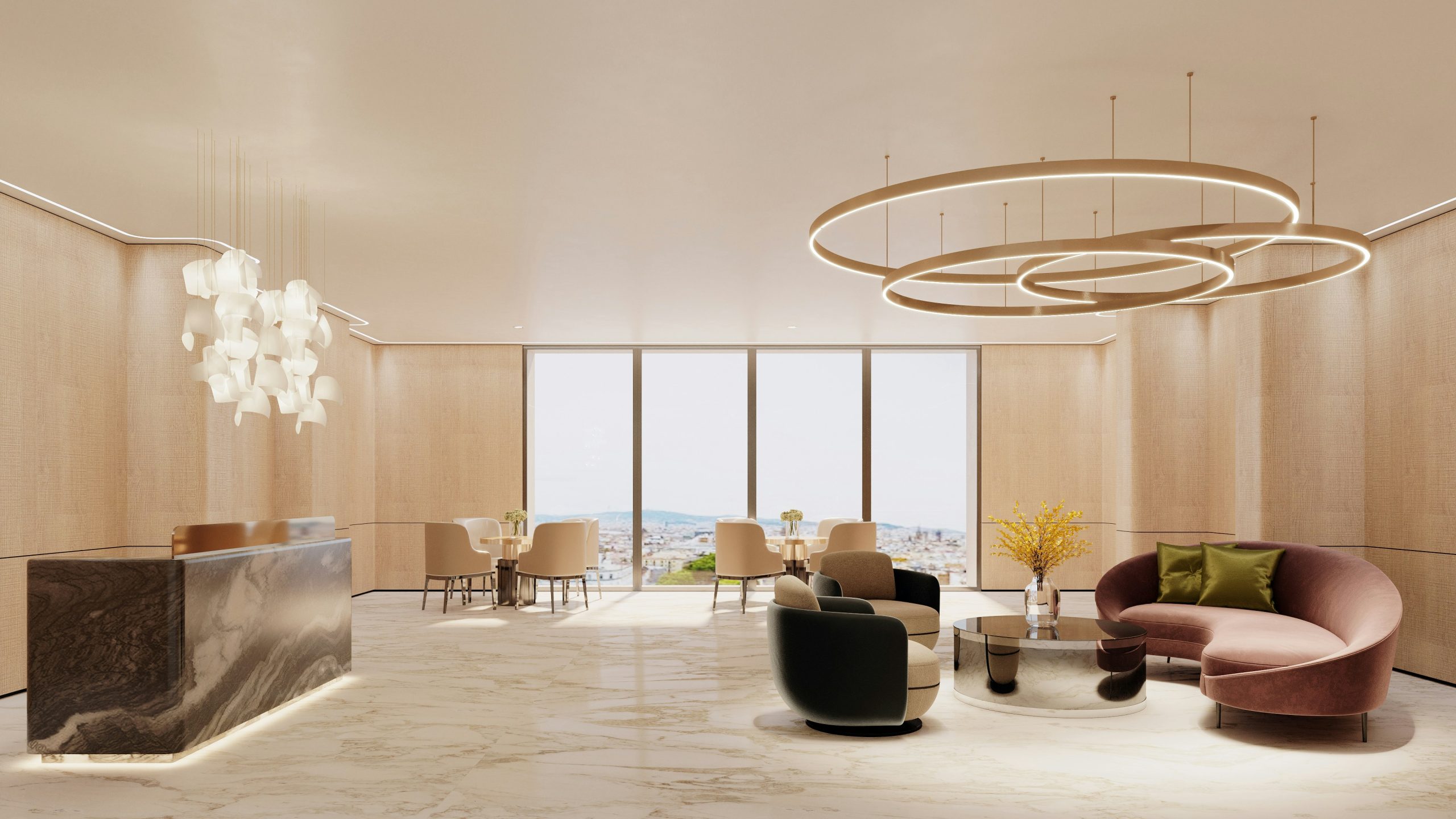 Contemporary Lobby with Elegant Lighting, Modern Furnishings, and Expansive Views, Featuring a Marble Reception Desk and Stylish Seating Area
