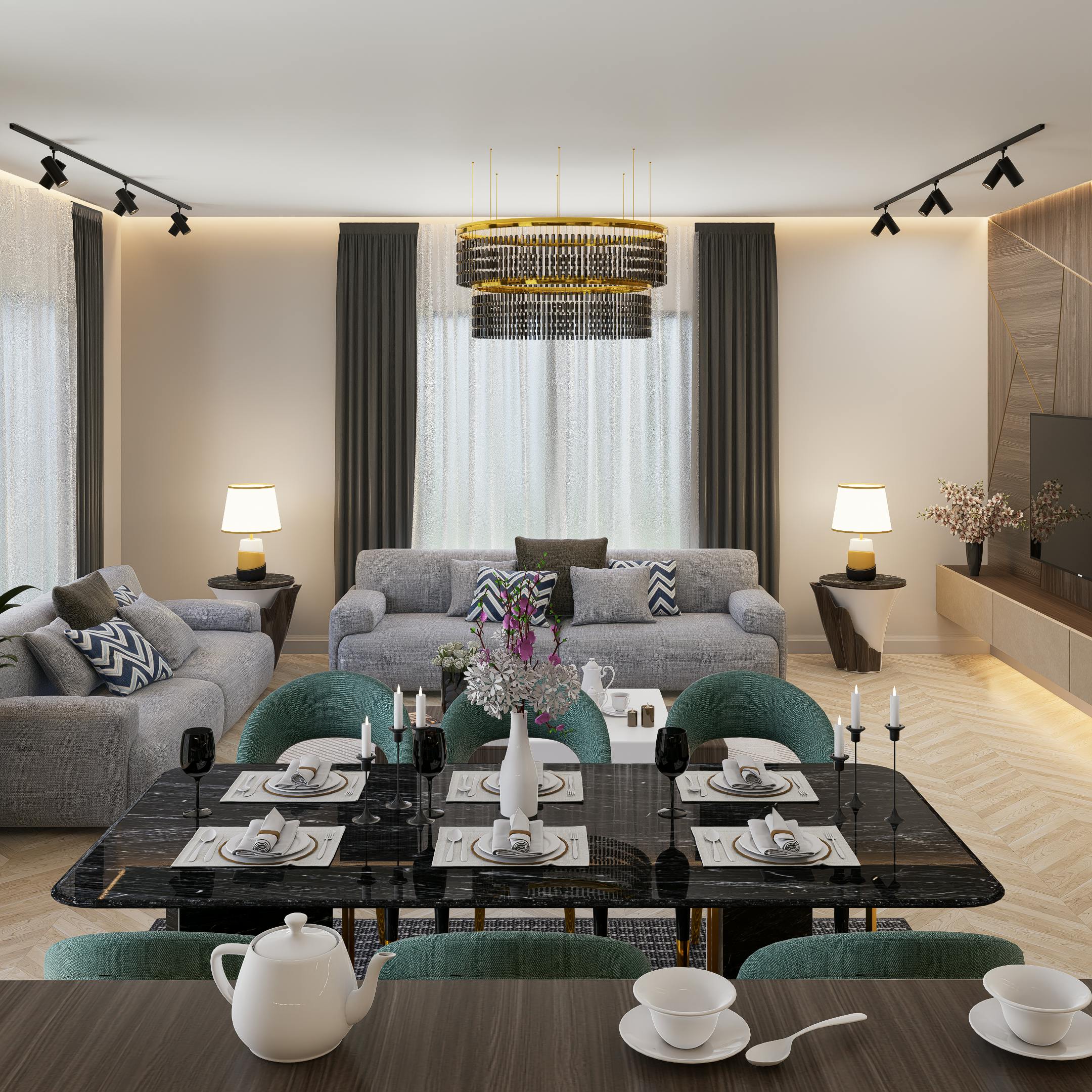 Contemporary open plan living room with sleek furniture and a dining area, showcasing stylish interior design.