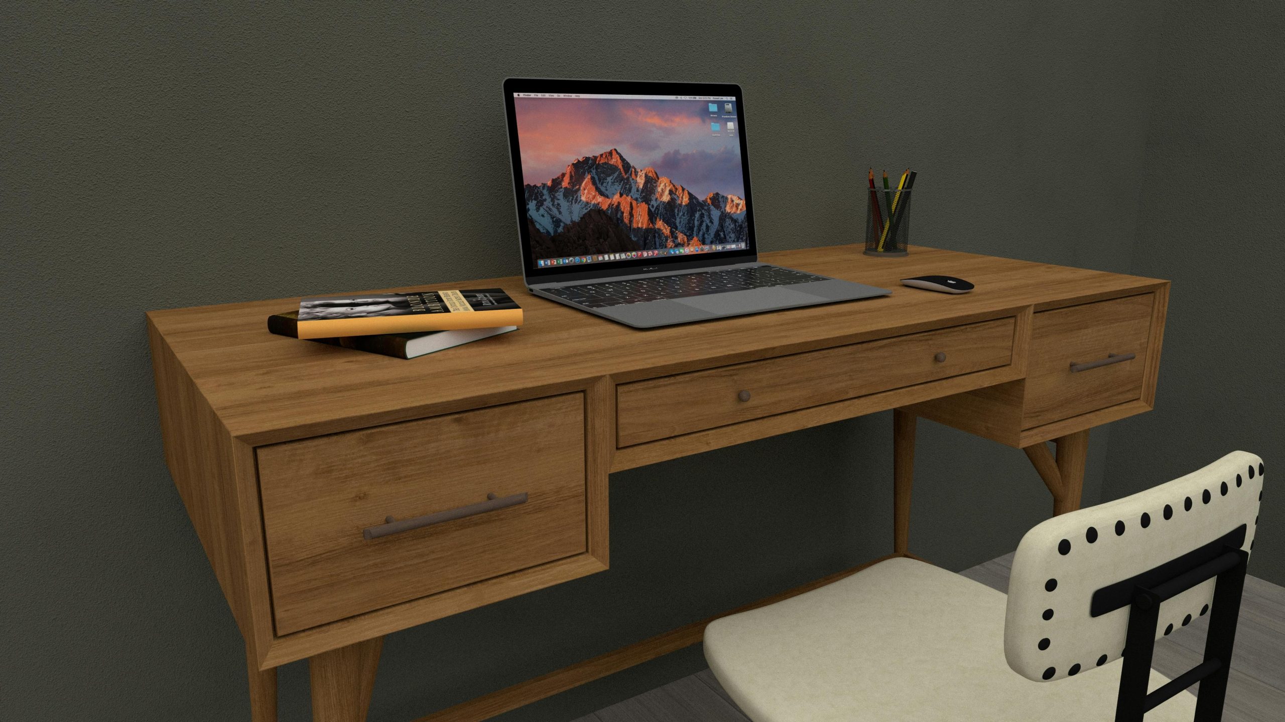 Cozy workspace featuring a wooden desk with a laptop and chair.