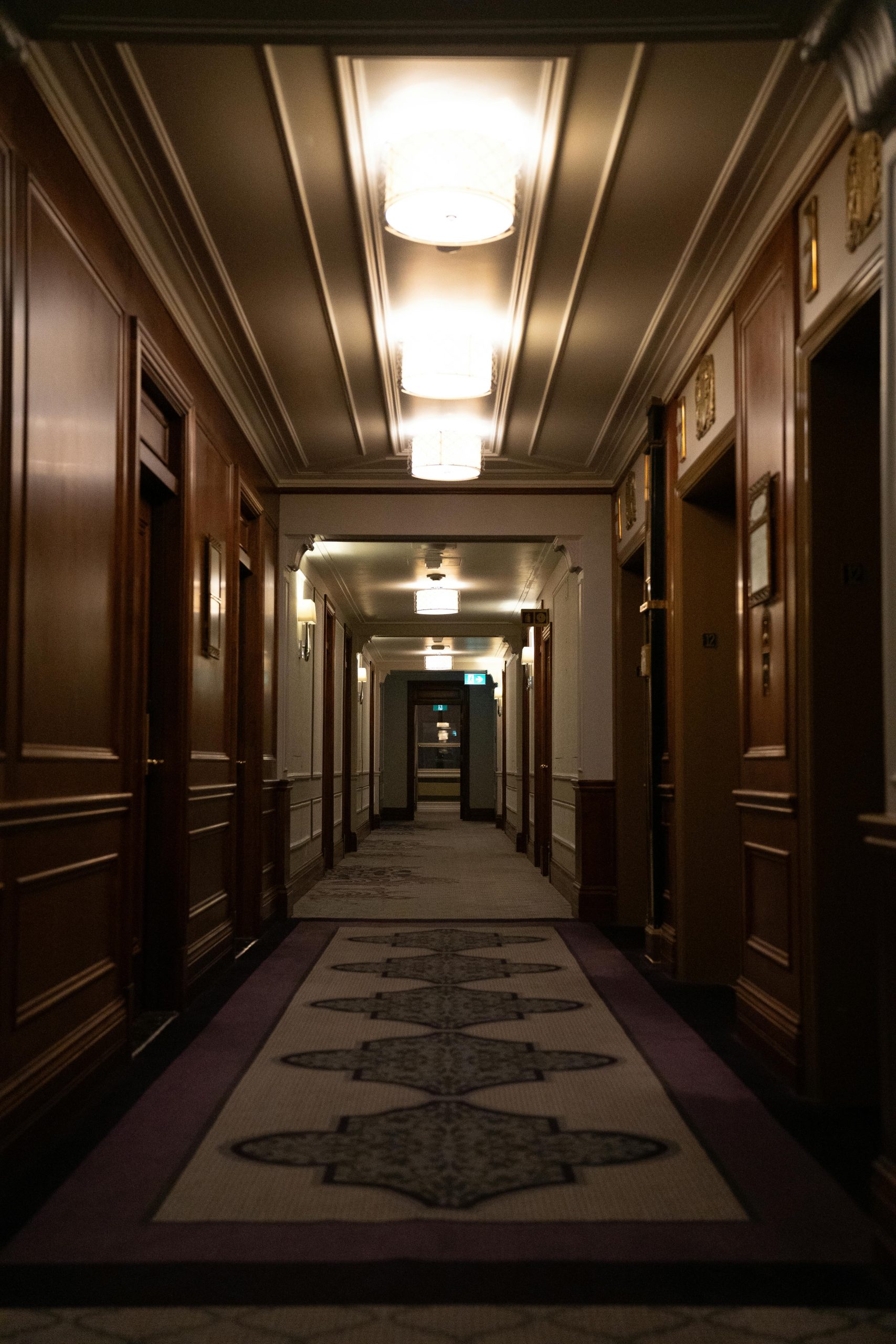 Dimly lit hotel corridor with a plush carpet and elegant wooden decor.
