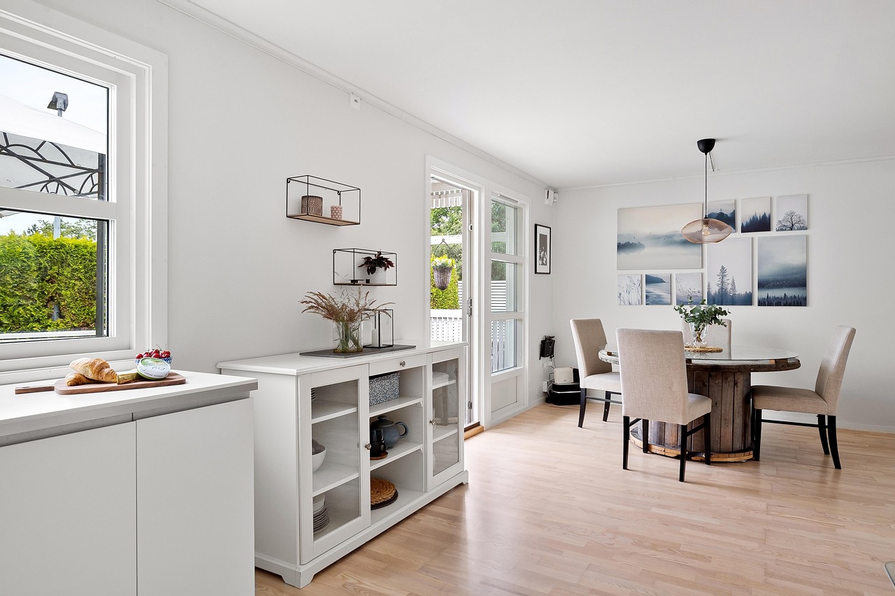 dining room, dining table, credenza, dining chairs, shelves, cabinet, console, server, table, white wall, chair, sliding door, window, interior, modern, luxury, wall decor, wall art, painting, floor, 