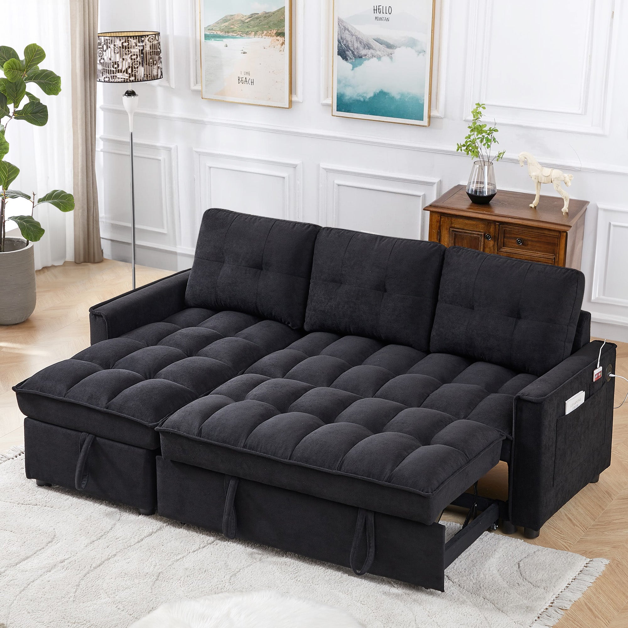 Dinosisco Convertible Sofa Bed with Reversible Storage Chaise, Sleeper