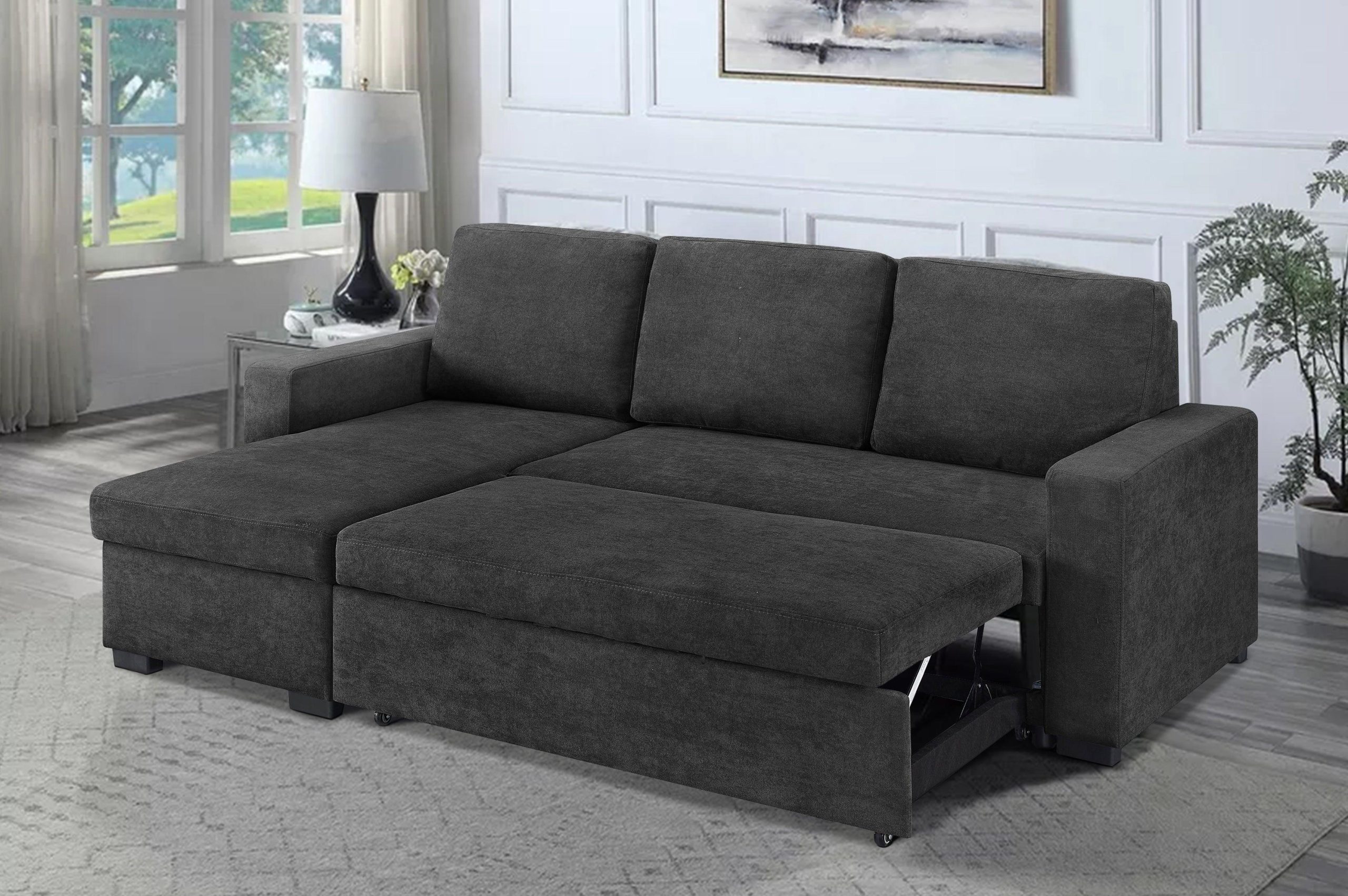 Earth Pull Out Sofa Bed with Storage | Reversible Chaise | Grey Fabric