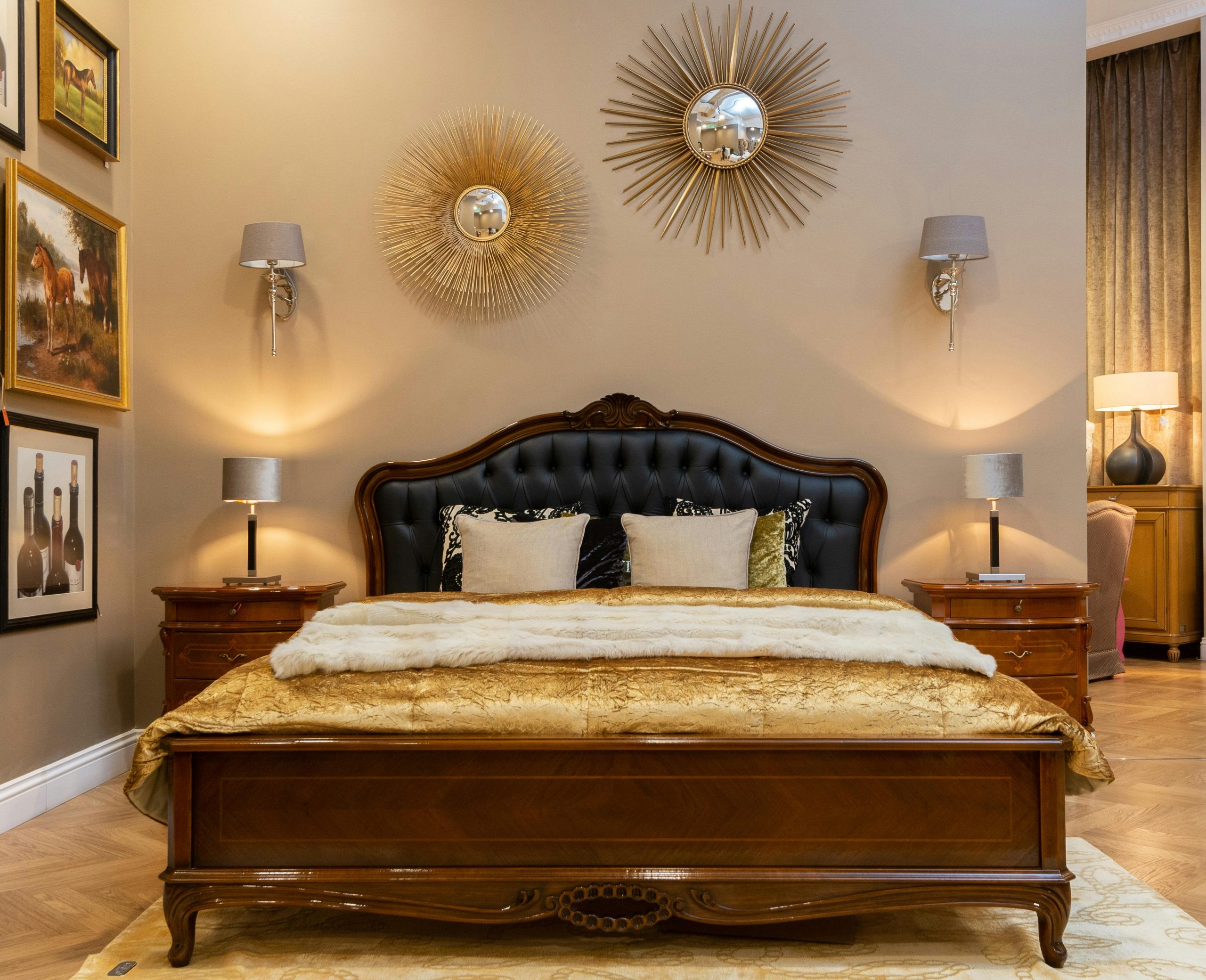 Elegant bedroom with classic decor and luxury furnishings, perfect for a luxury home or hotel.