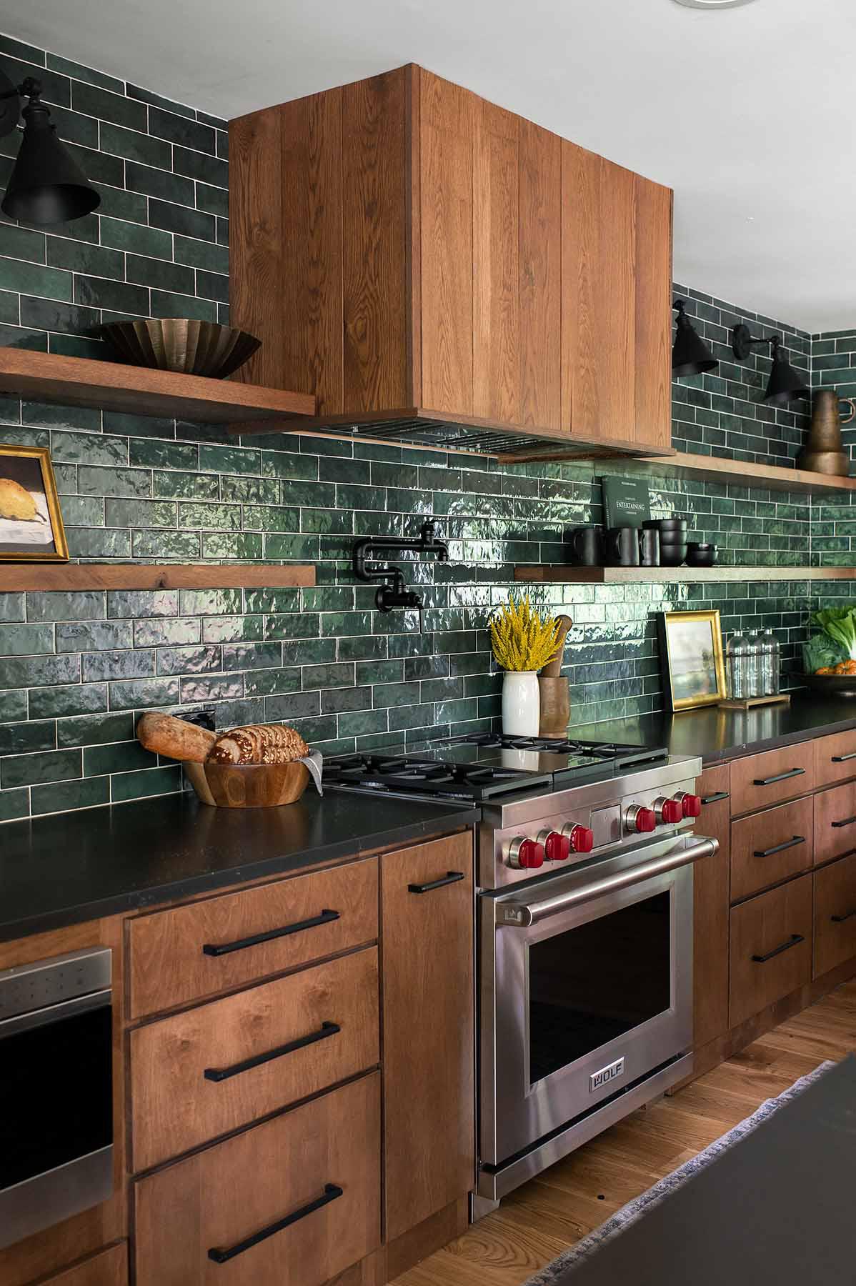 Kitchen renovation with green glazed ceramic tile full-wall backsplash. Atlanta, Georgia. By HouseLift Design. : r/InteriorDesign