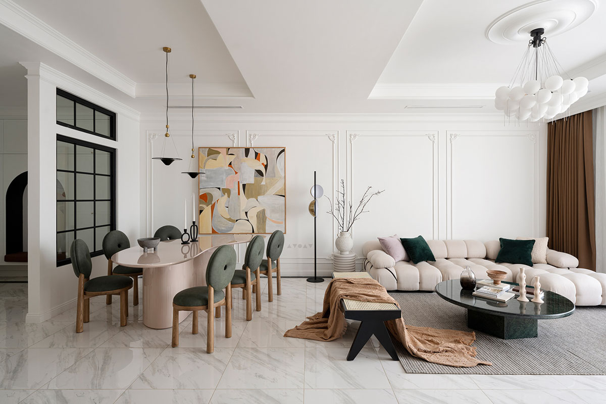 Lively Neoclassical Interior With Unique Furniture & Green Accents