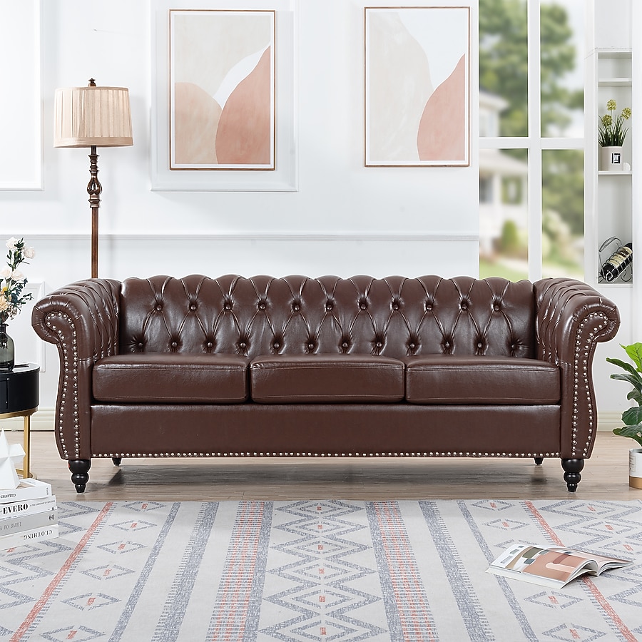 LOVMOR 84.65inch Sofa Leather Dark Brown Couch for Living Room Apartment Assembly Required Office Modern Minimalist Home Furniture in the Couches, Sofas & Loveseats department at Lowes.com