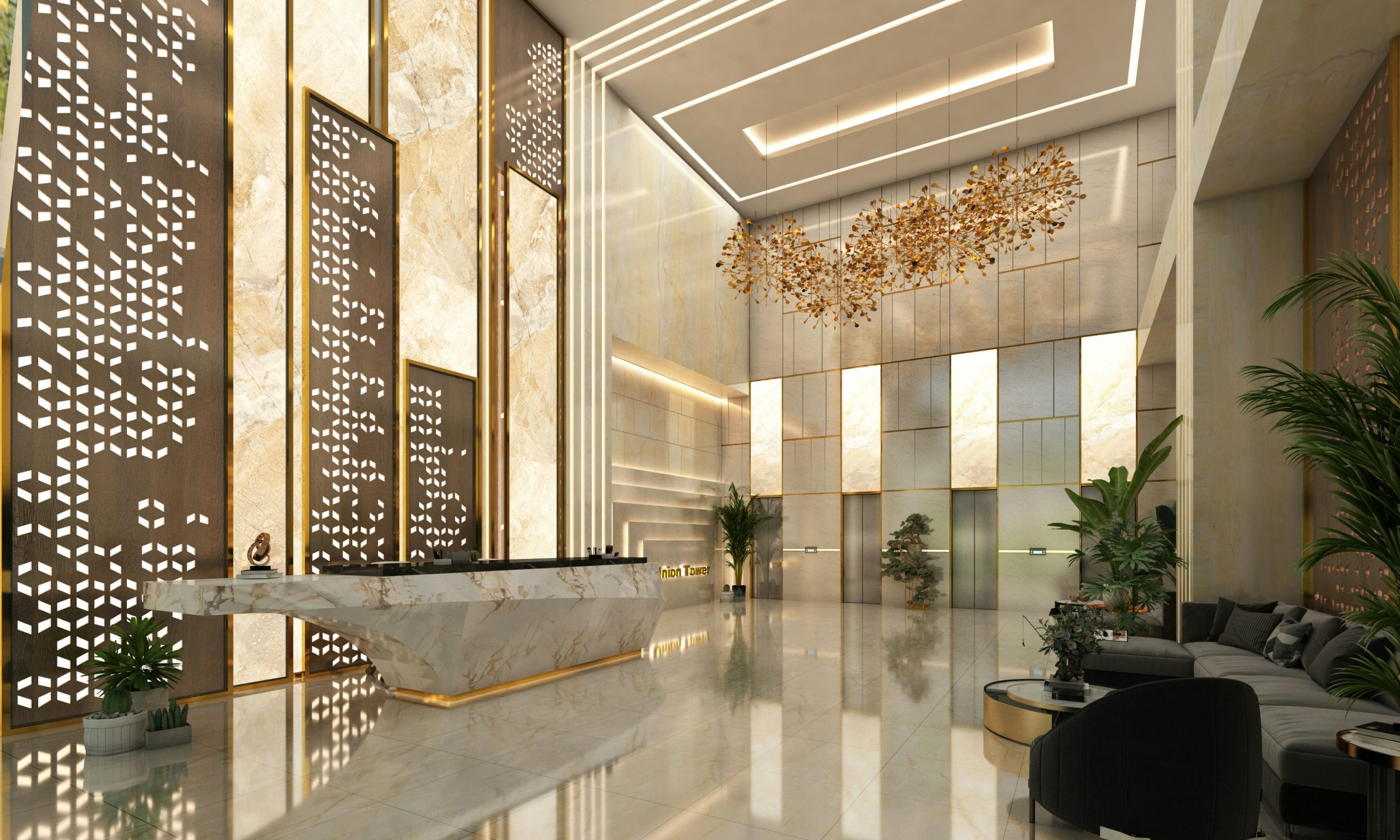 Luxurious Lobby Design with Marble Reception Desk, Gold Accents, Modern Lighting, Decorative Partition Walls, and Elegant Furnishings for a High-End Corporate Atmosphere