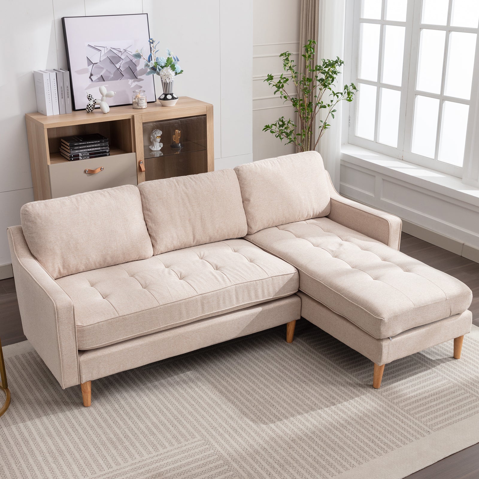 Mjkone 80' Sectional Sofa Bed, Modern Tufted Linen Convertible Sofa, Pull Out Couch Bed w/Storage Armrests,Cup Holders, 3 Seat L Shaped Couch,