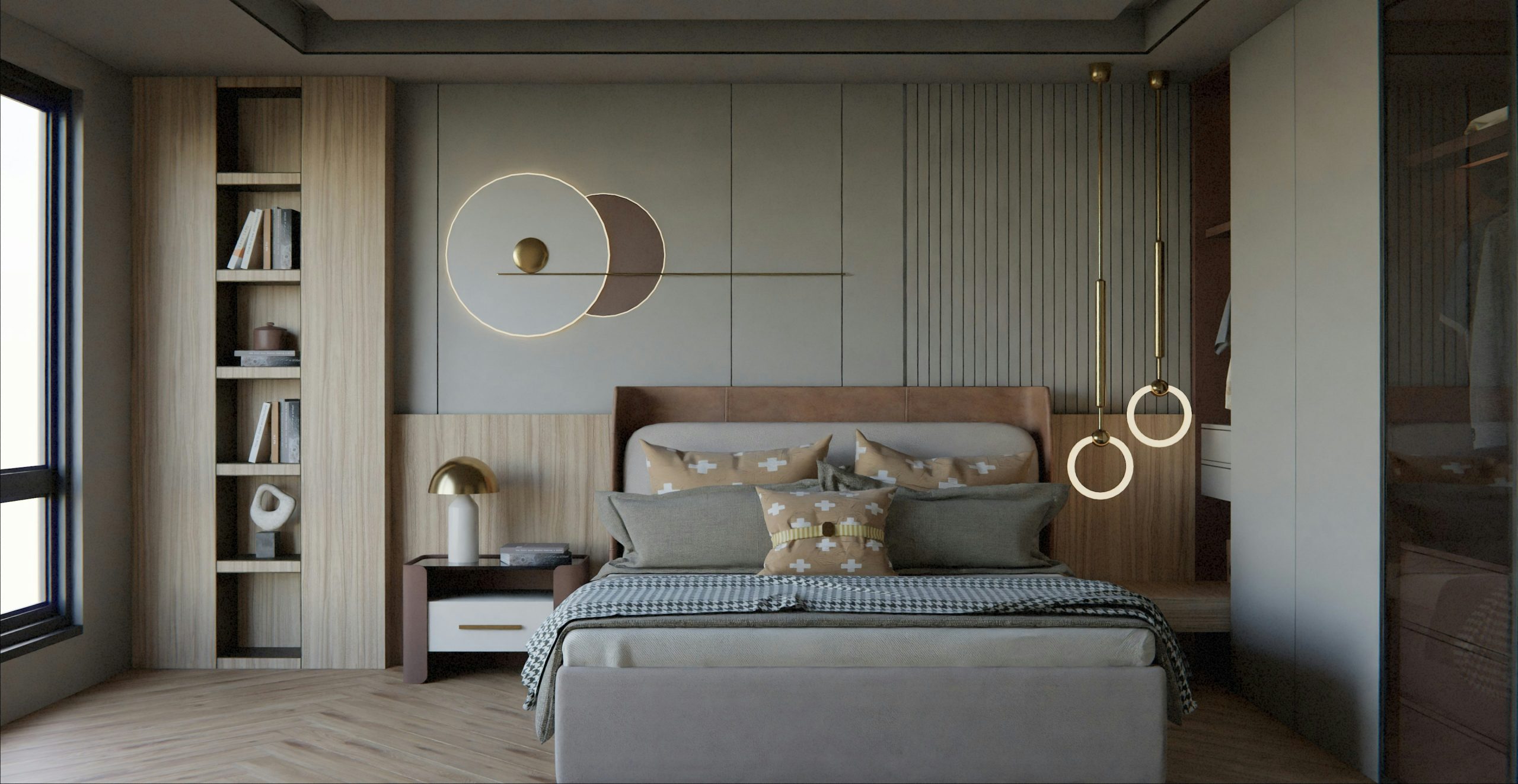 Modern bedroom with a large bed and shelves.