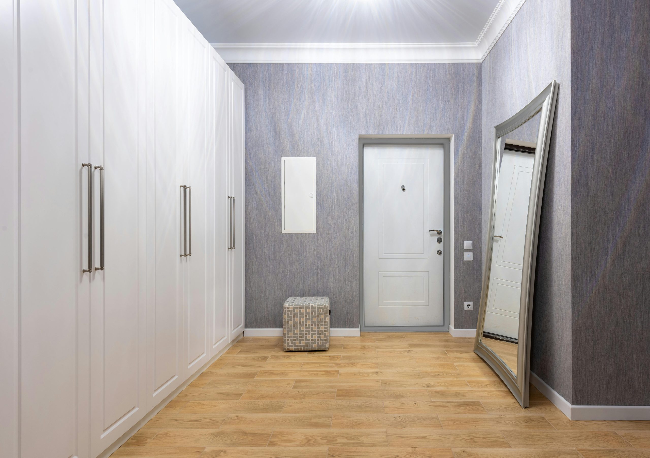 Modern hall interior with entrance door between closet and rectangular shaped mirror on wooden floor at home