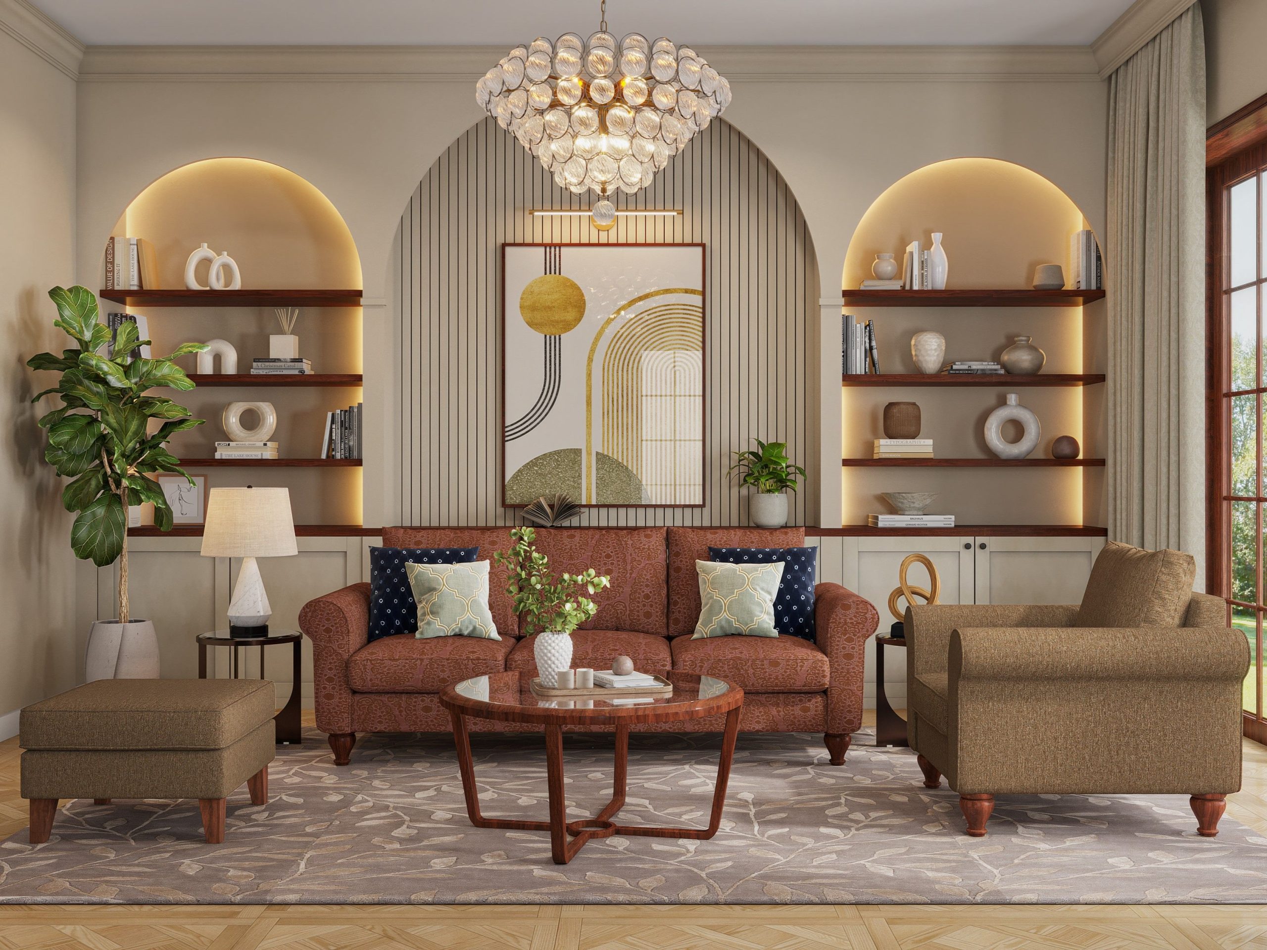 Modern indian living room with arched niches and open shelves